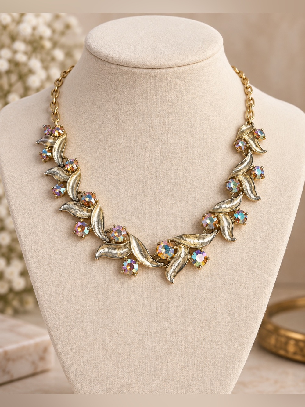 Vintage Coro AB Rhinestone Leaf Necklace Gold Tone Adjustable Hook Clasp 1950-60